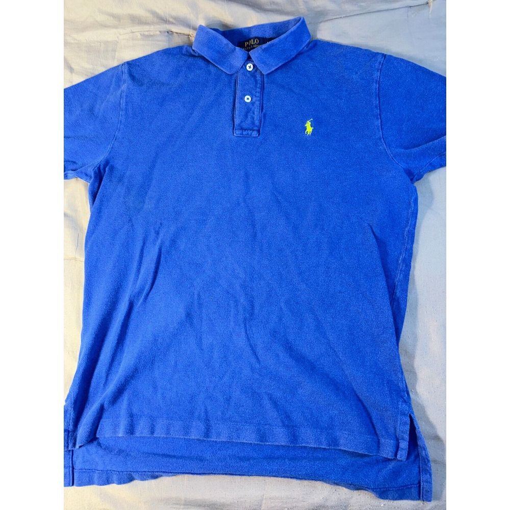 Ralph Lauren Polo Shirt Men Medium Blue Short Sleeve Collared High Low Slit Logo